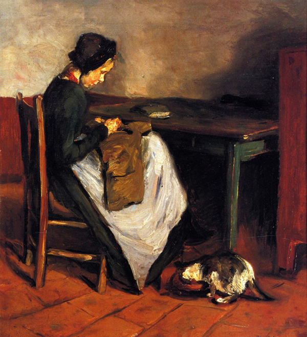 Max Liebermann - Girl with Cat sewing in Dutch Interior